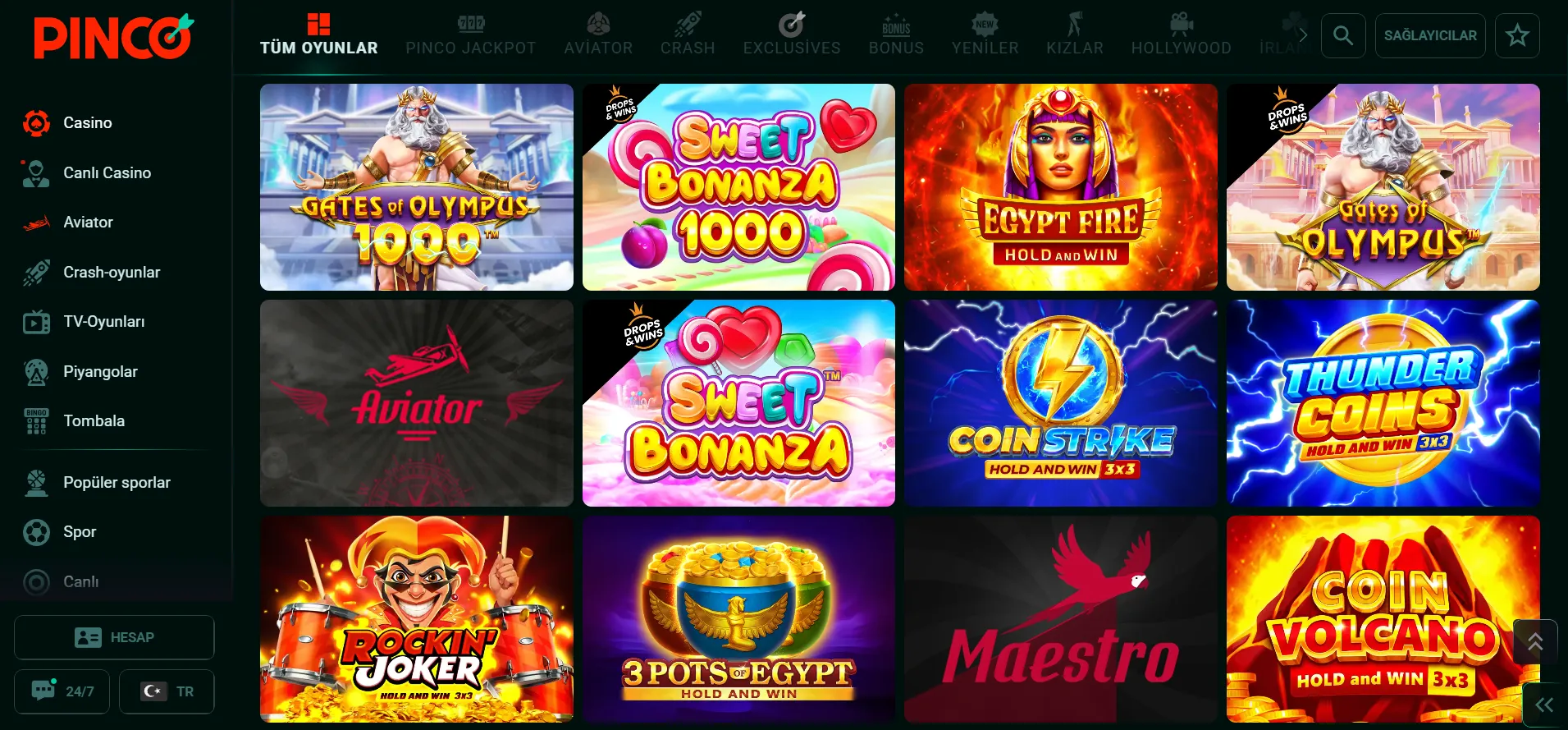 Geniş oyun yelpazesi Pinco online casino